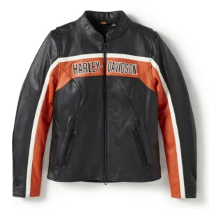 Womens H-D Trenton Leather Riding Jacket - Colorblock - Harley Black & Vintage Orange