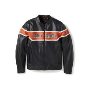 Mens H-D Trenton Leather Riding Jacket - Colorblock - Harley Black & Vintage Orange
